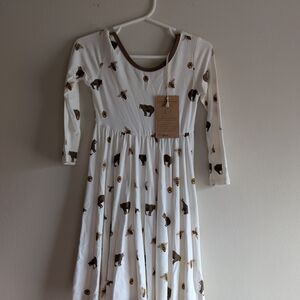 Kyte BABY White Dress with Brown Bear & Yellow Bee Print